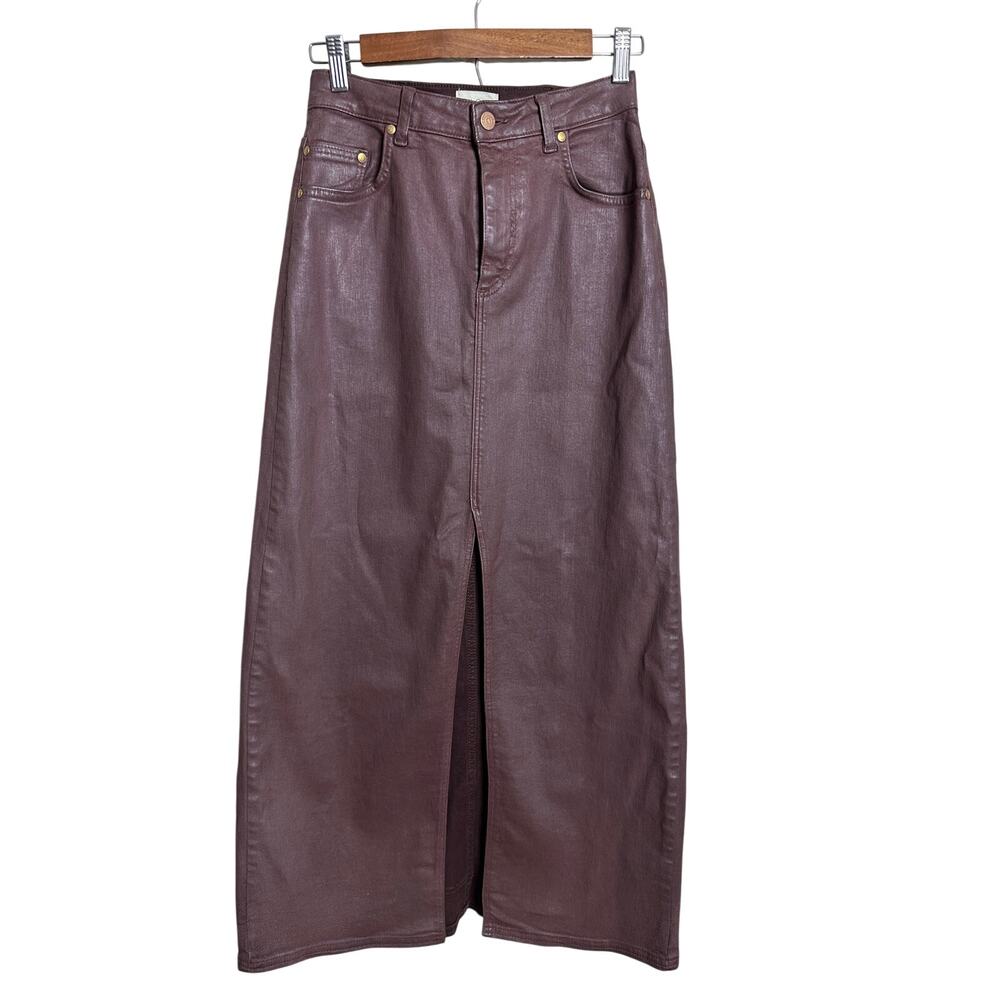 Pilcro The Madi Front-Slit Denim Maxi Skirt in Wine size 4 Waxed Coated - Picture 3 of 12
